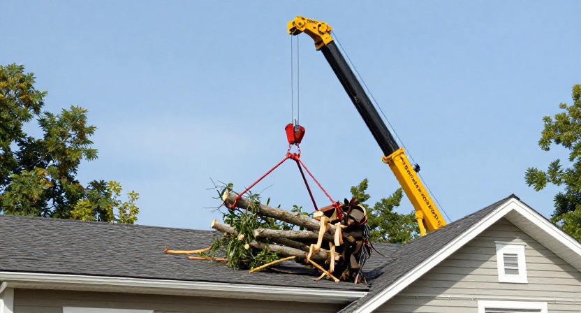 Crane lifting a tree section over a house roof