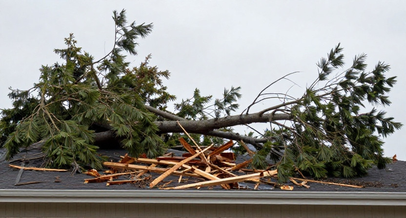 Storm-damaged tree removal over roof